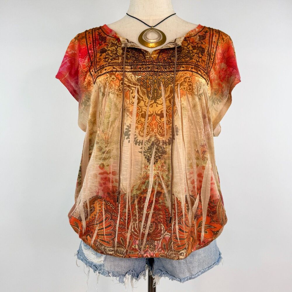 Y2K Boho Hippie Multicolor Orange Short Sleeve Flowy Blouse Lace Tie Front Sz L